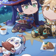Mona and Aether and Paimon picknicking under the night sky.
